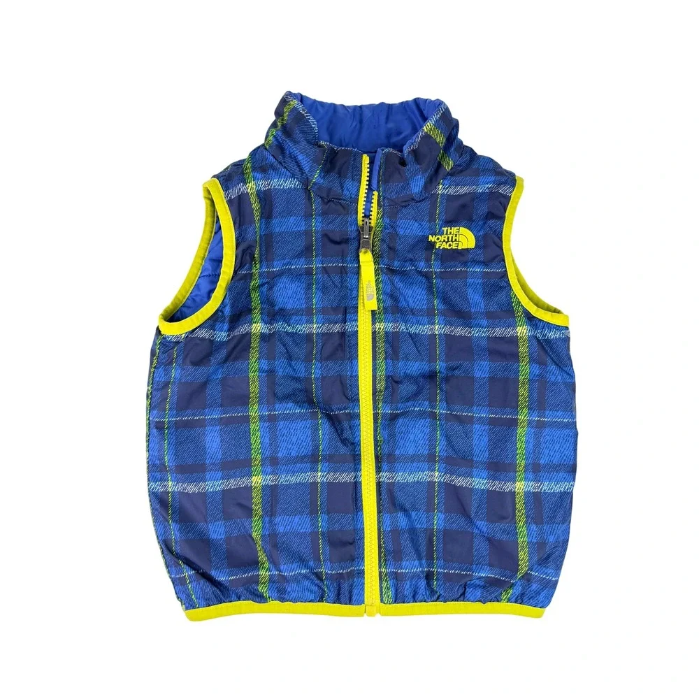 The North Face Toddler Reversible Chimbo Mossbud Puffer Vest Blue Plaid 3T